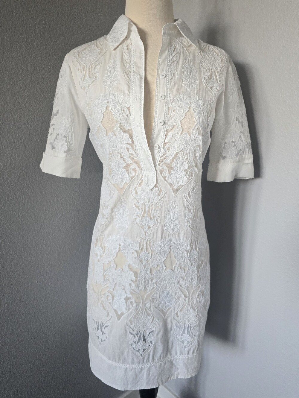 Elie Tahari Lace Embroidered White Cotton Shirt Dress $698 XS Small Bridal
